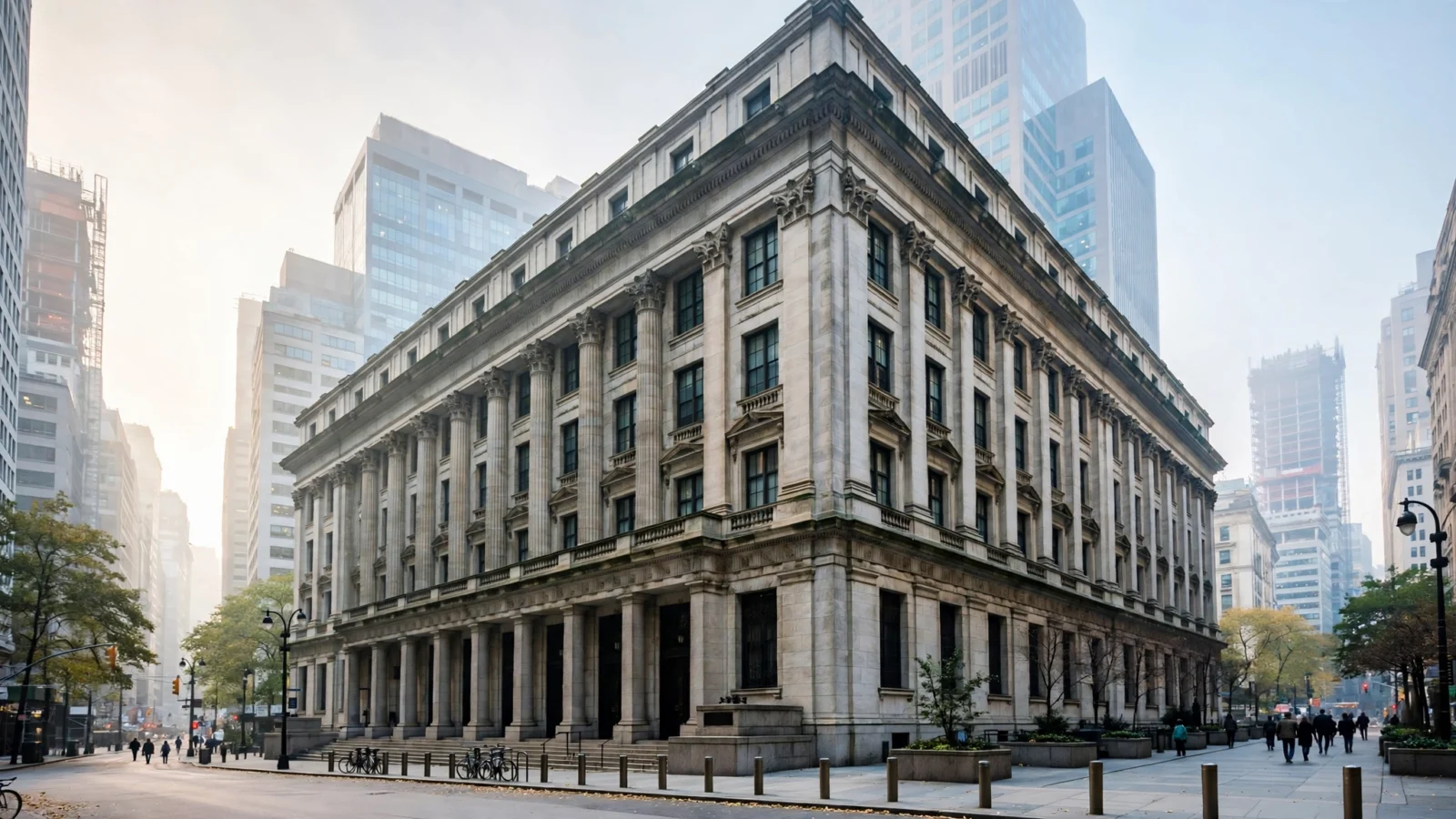 A stone stock exchange building on a city street in the morning, with pedestrians on the sidewalk