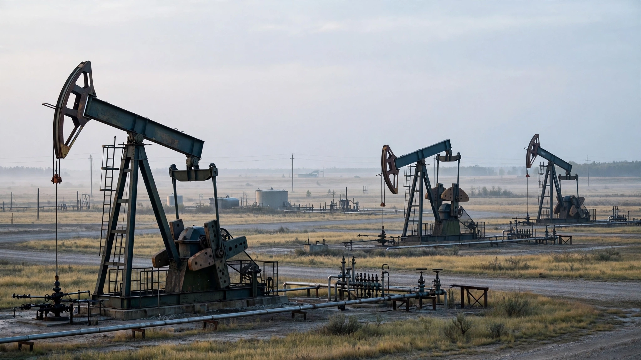 Three oil pumpjacks working in a flat, dry field under a pale sky
