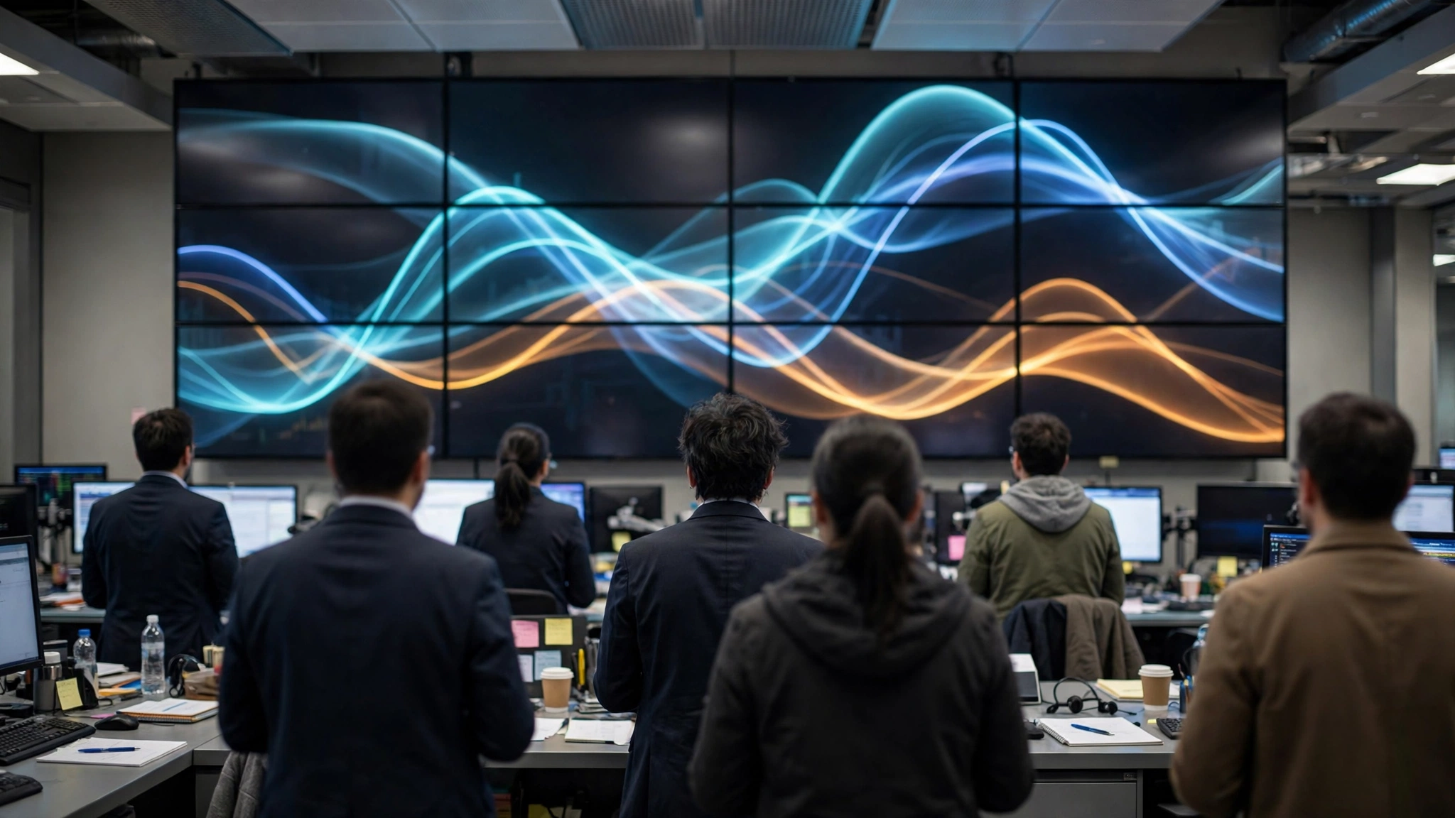 Traders seen from behind at desks facing a large wall screen showing abstract rising and falling chart lines