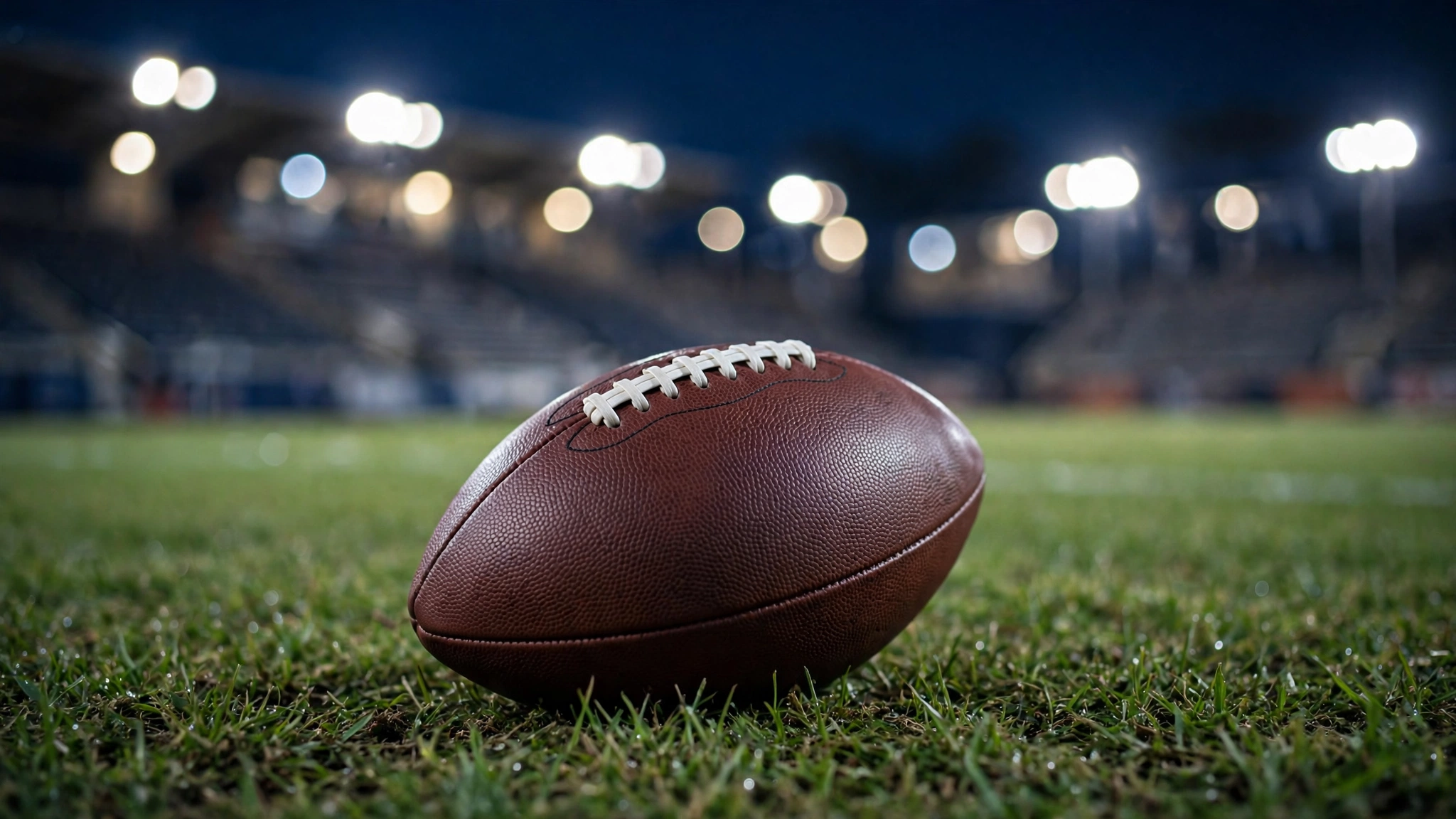 An American football resting on grass on a field at night, with stadium lights blurred behind it