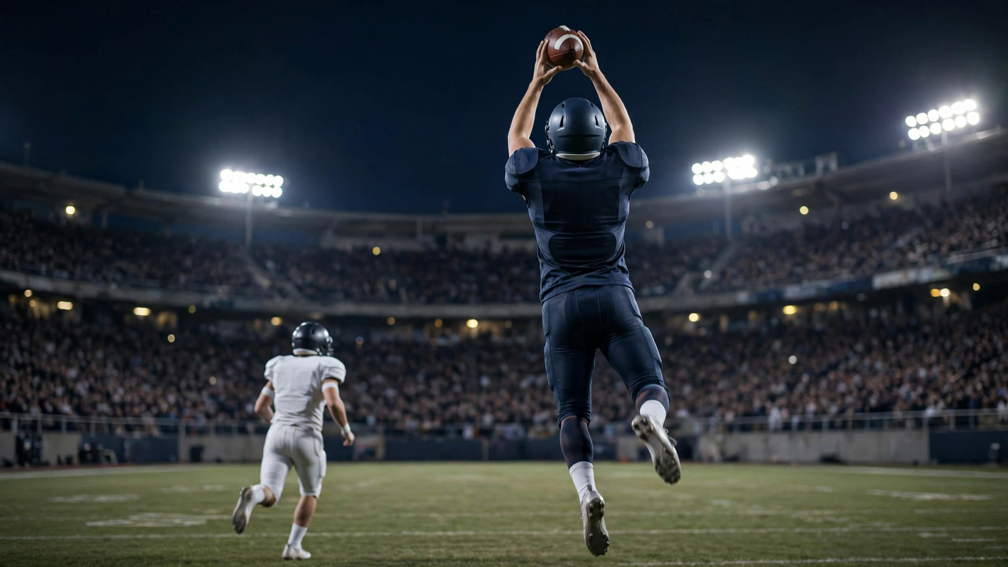 A football player in a plain dark uniform leaping to catch a football at night, seen from behind, with another player in white running nearby