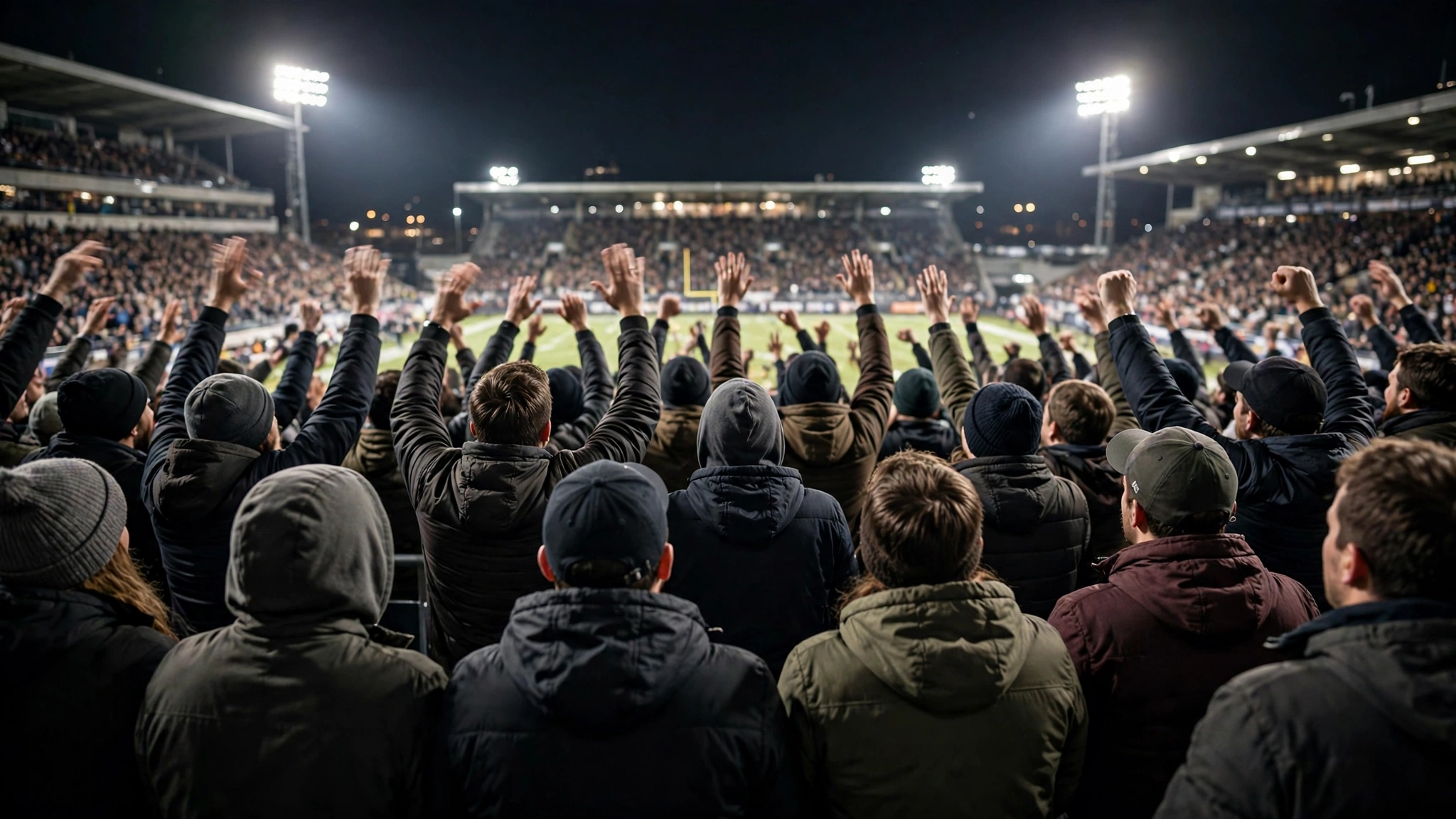Football fans in stadium stands at night cheering with their arms raised, seen from behind