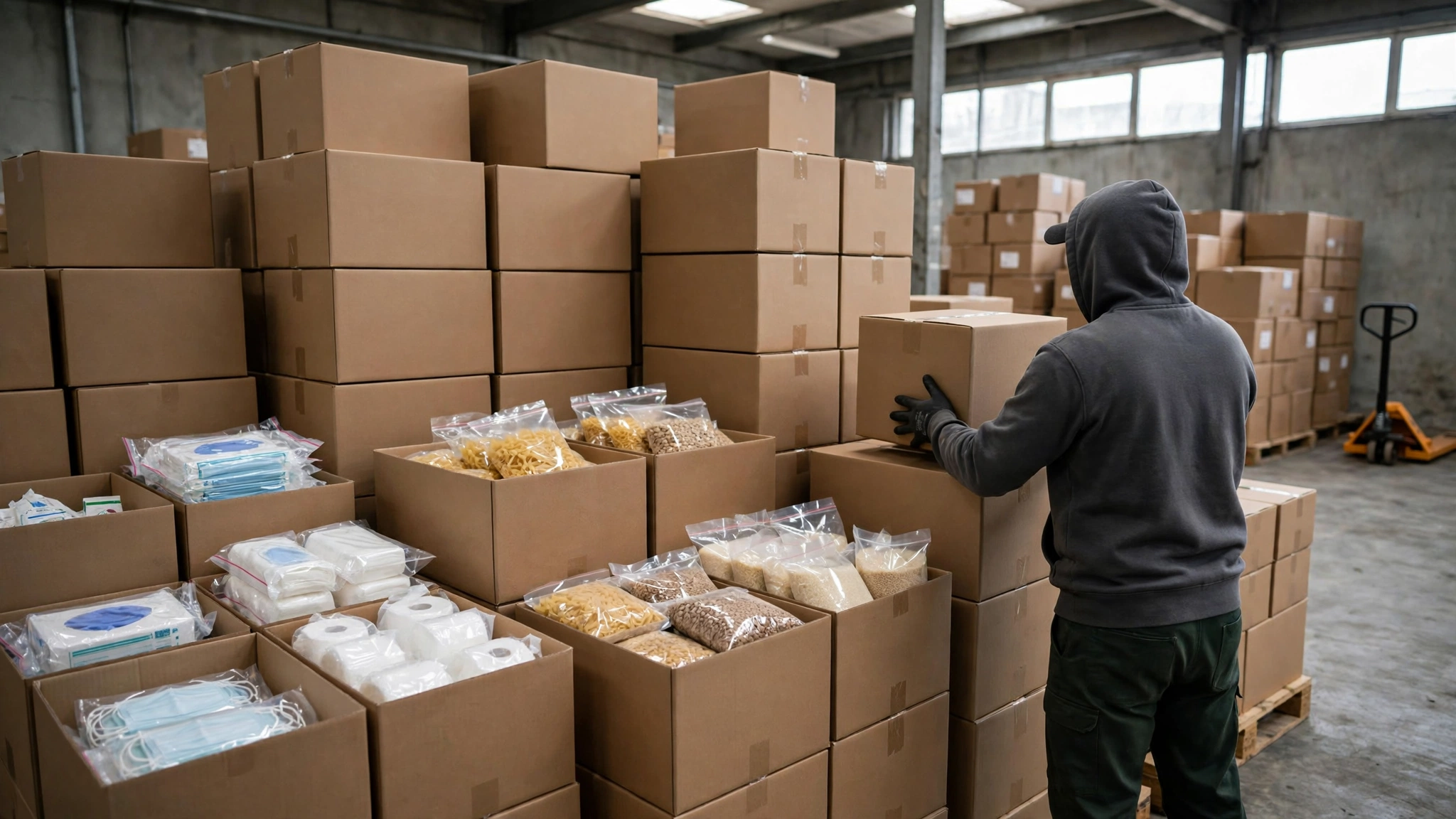 A worker seen from behind stacking cardboard boxes of packaged food and household supplies in a warehouse
