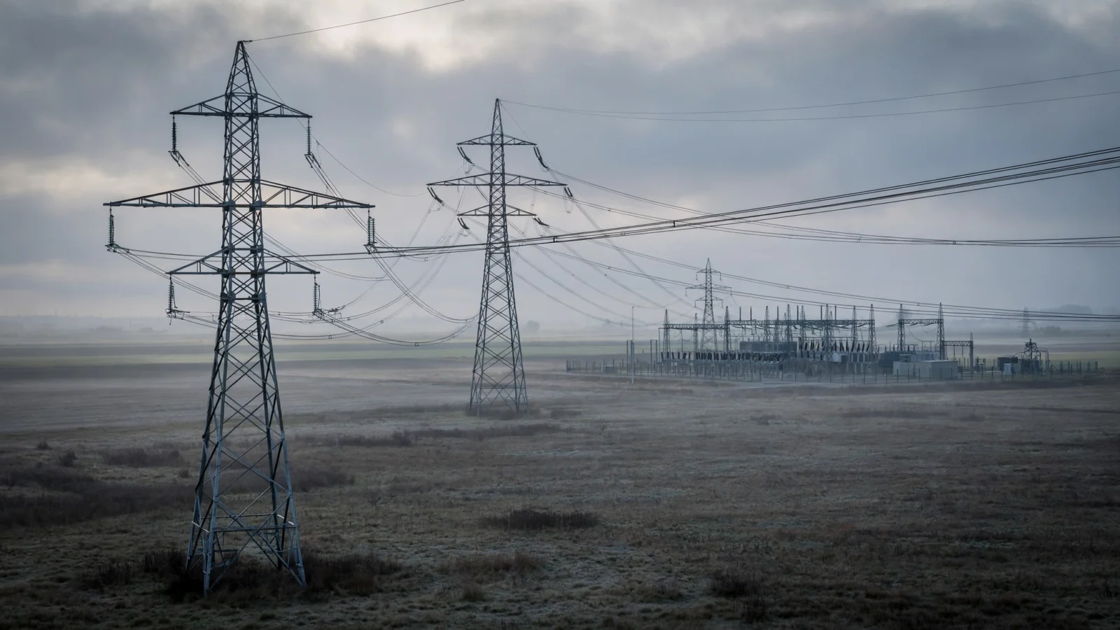 High-voltage transmission towers and an electrical substation in open fields at dawn under a grey sky