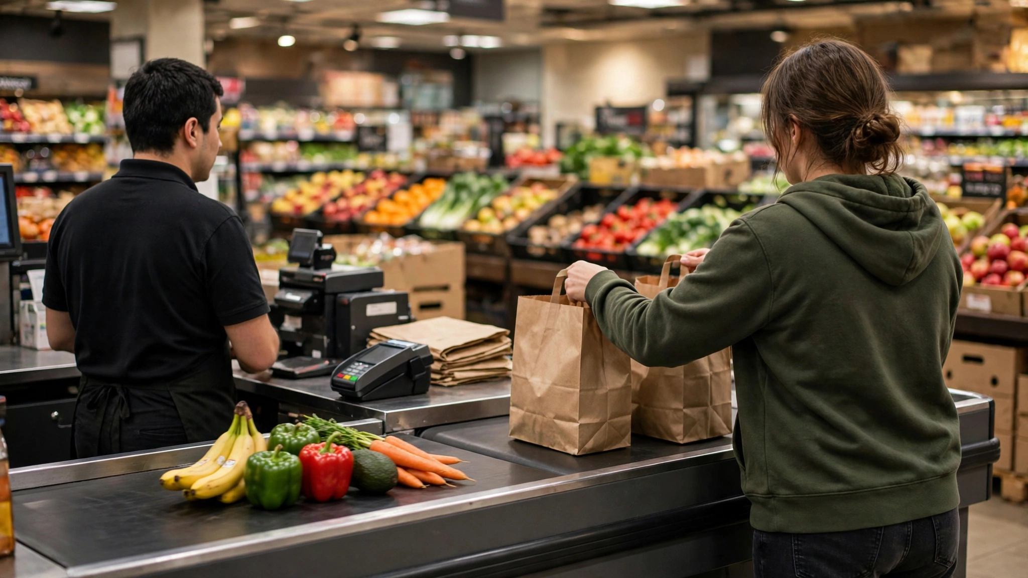 A shopper holding paper bags at a grocery checkout counter with fruit and vegetables on the belt