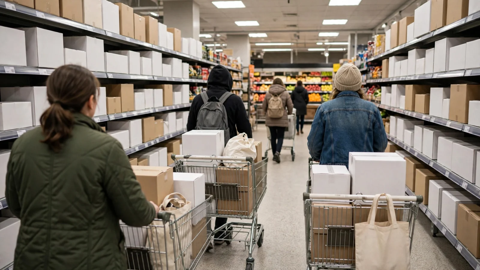 Shoppers pushing carts down a supermarket aisle lined with shelves