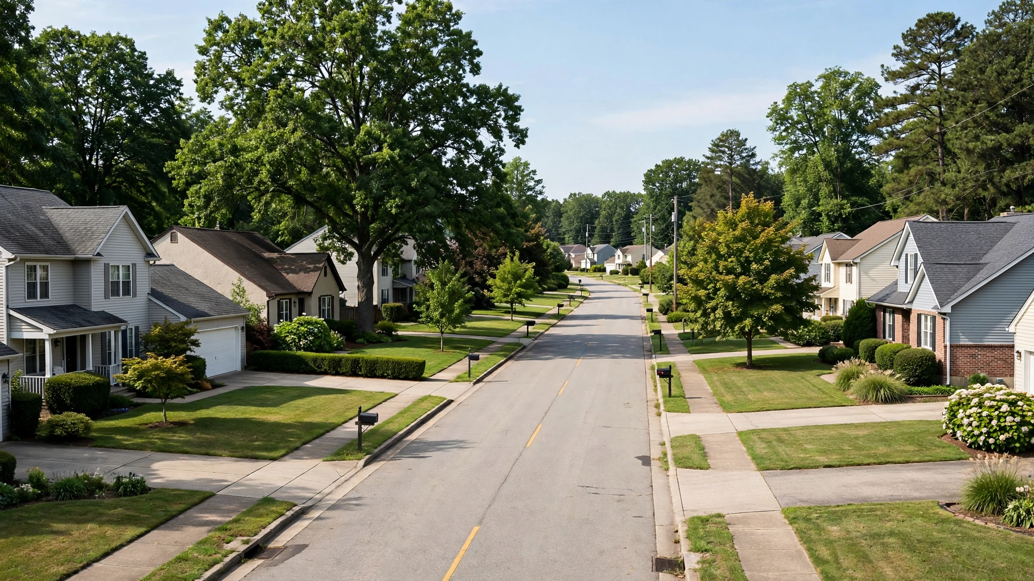Detached houses with front lawns along a suburban street