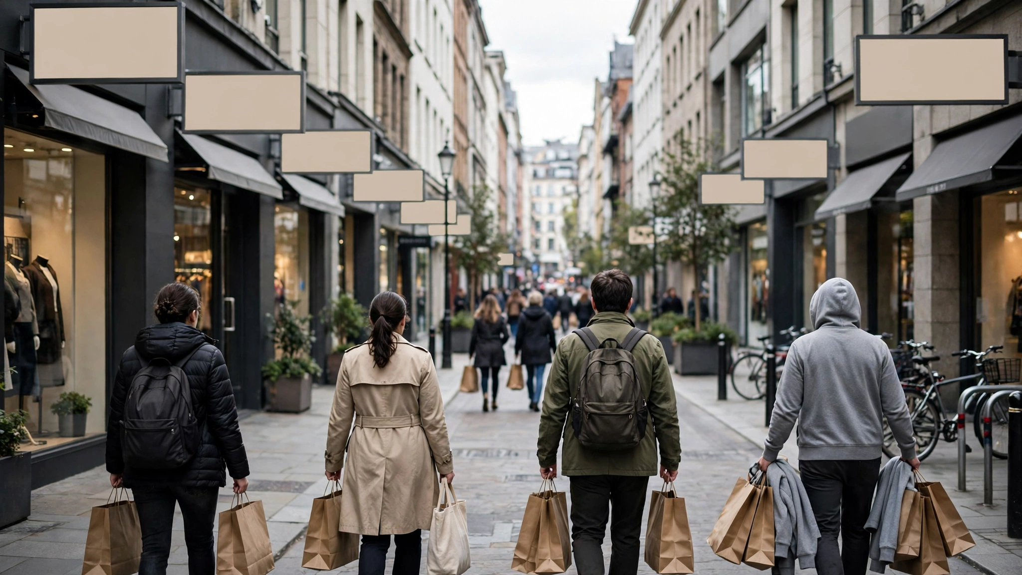 People carrying shopping bags walking down a shopping street lined with storefronts