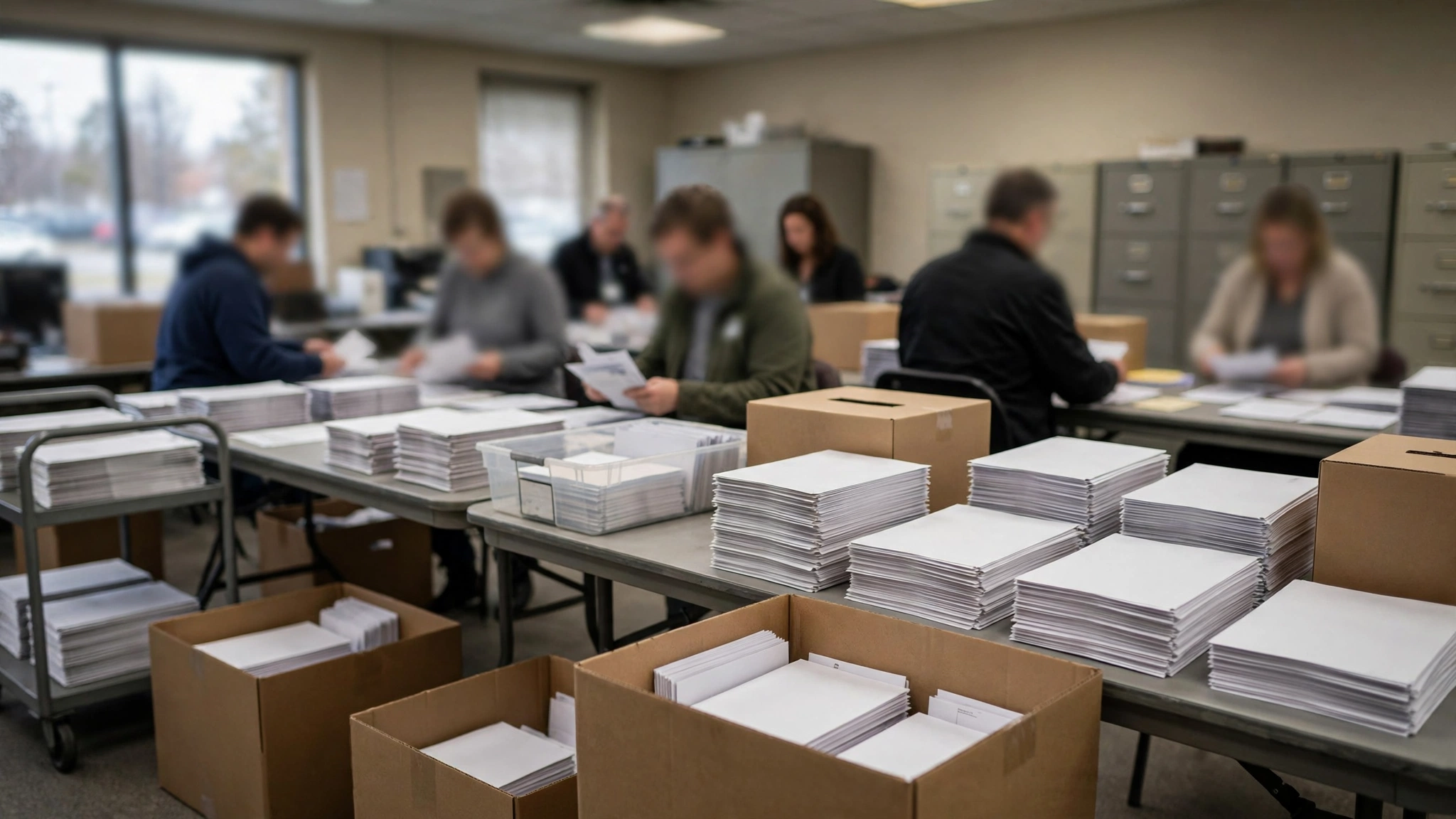 Election workers sorting stacks of paper ballots and envelopes at tables in an office