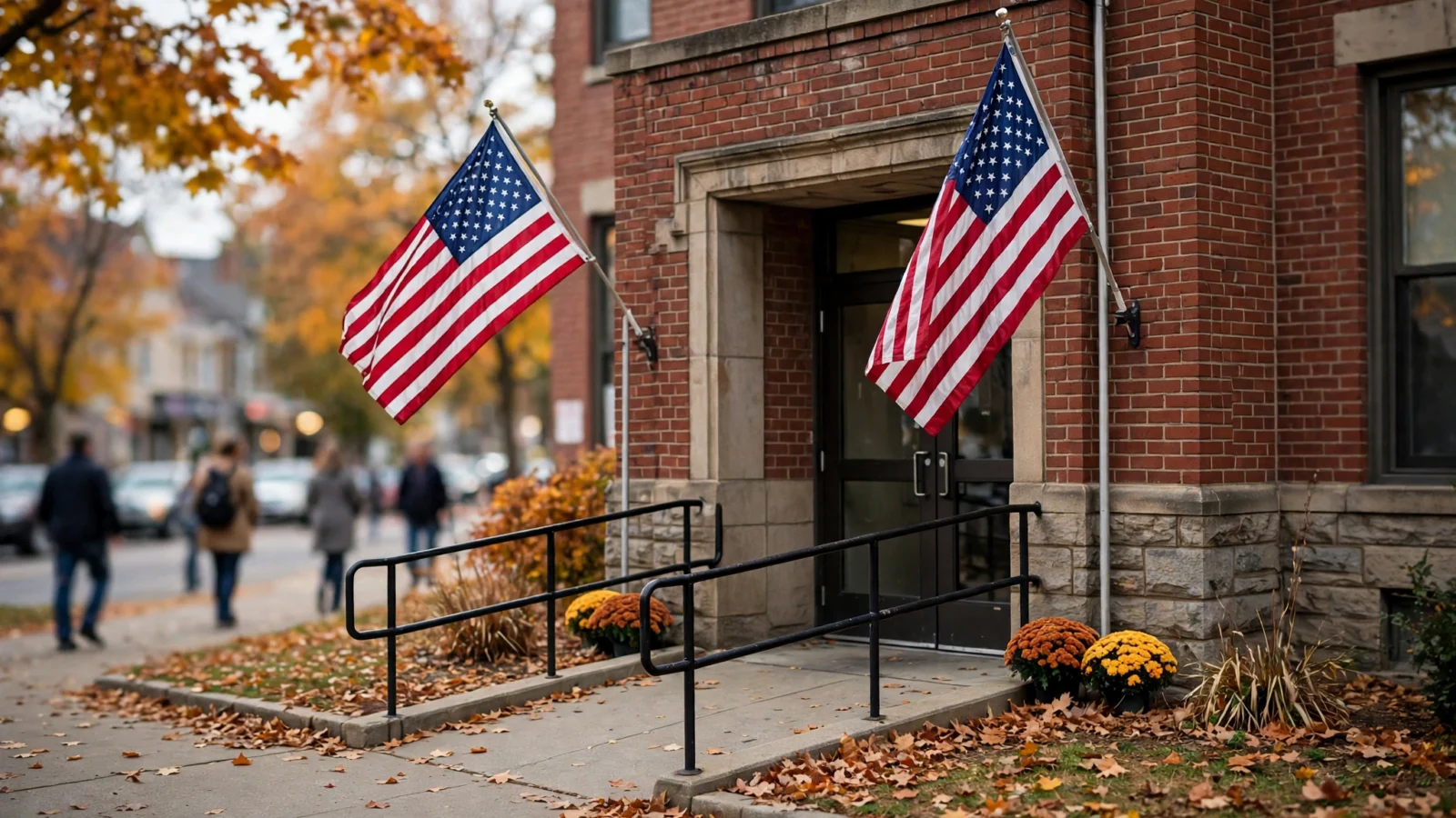 Brick building entrance with two American flags, autumn leaves on the sidewalk, and people walking in the background