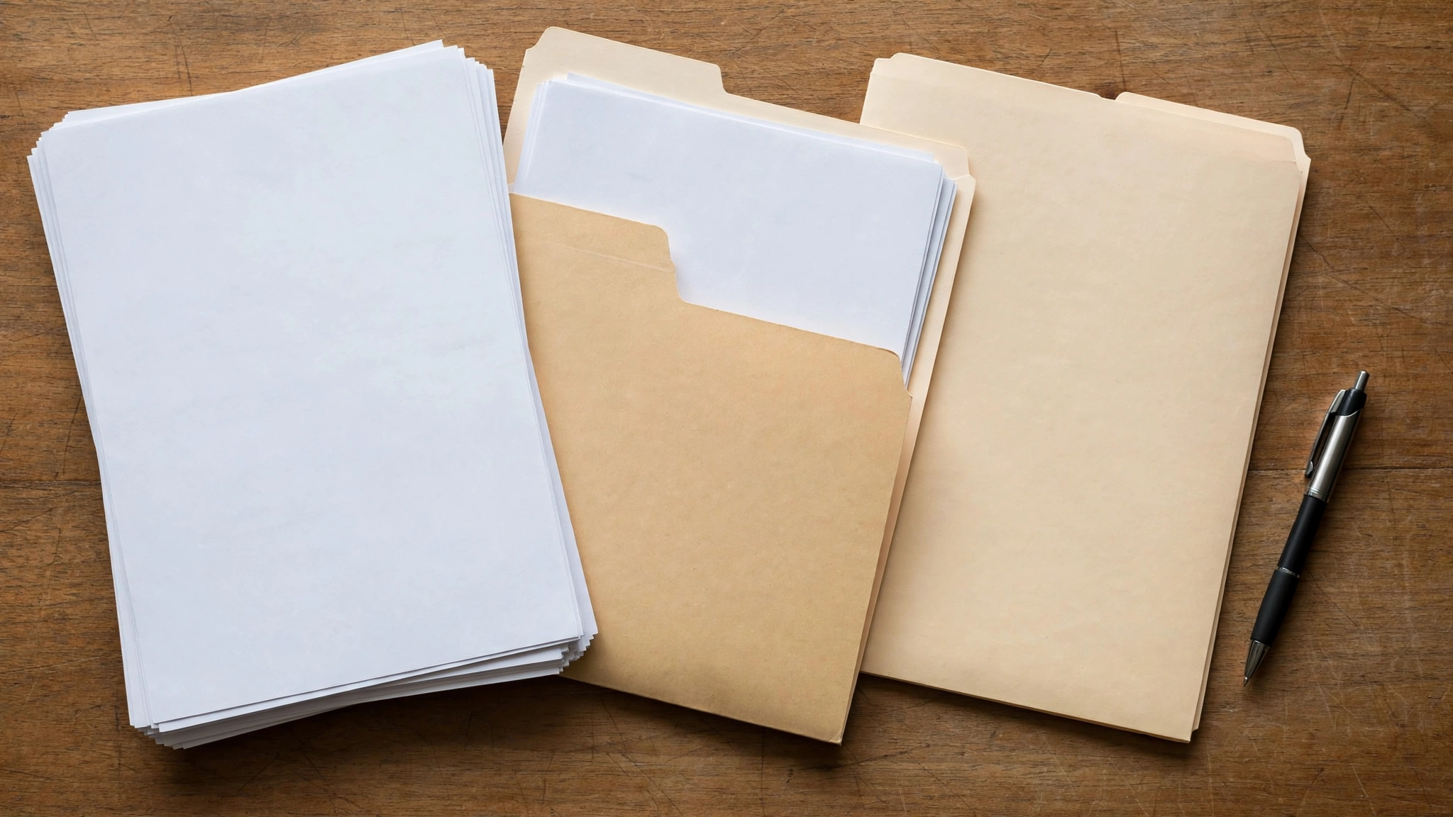 Blank white papers and manila folders with a pen on a wooden desk, viewed from above