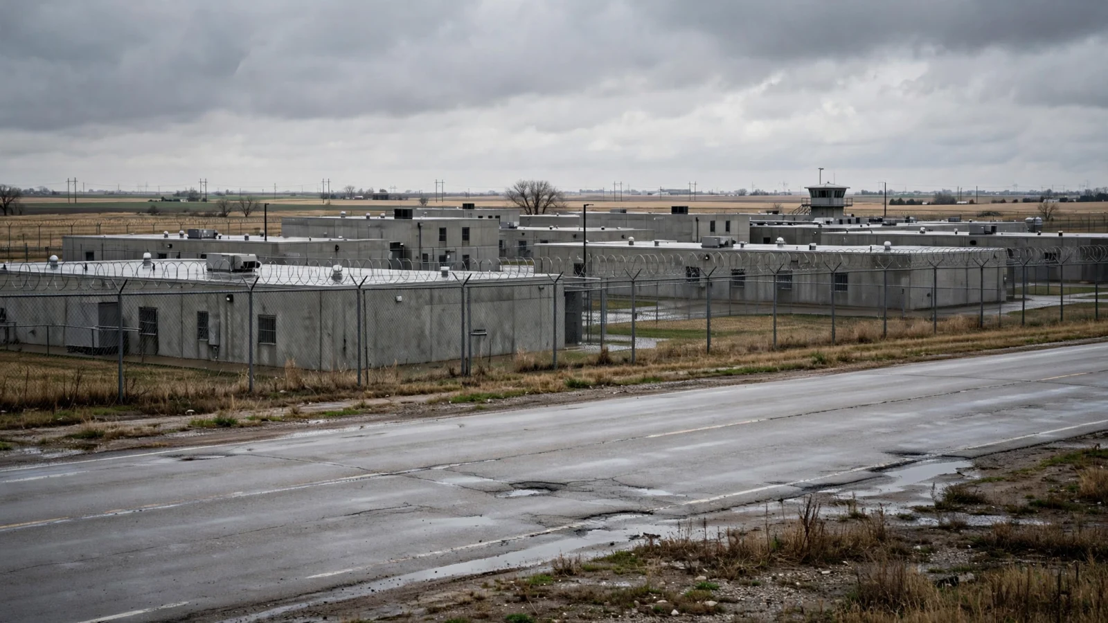 Low concrete prison buildings behind a chain-link fence topped with barbed wire beside a wet road under a gray sky