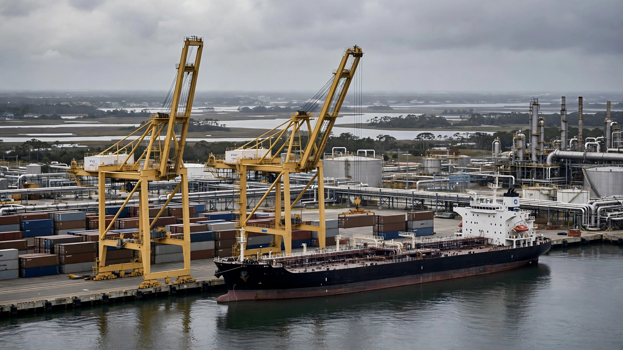 A tanker ship docked at a port beside yellow cranes, shipping containers, and refinery pipes.
