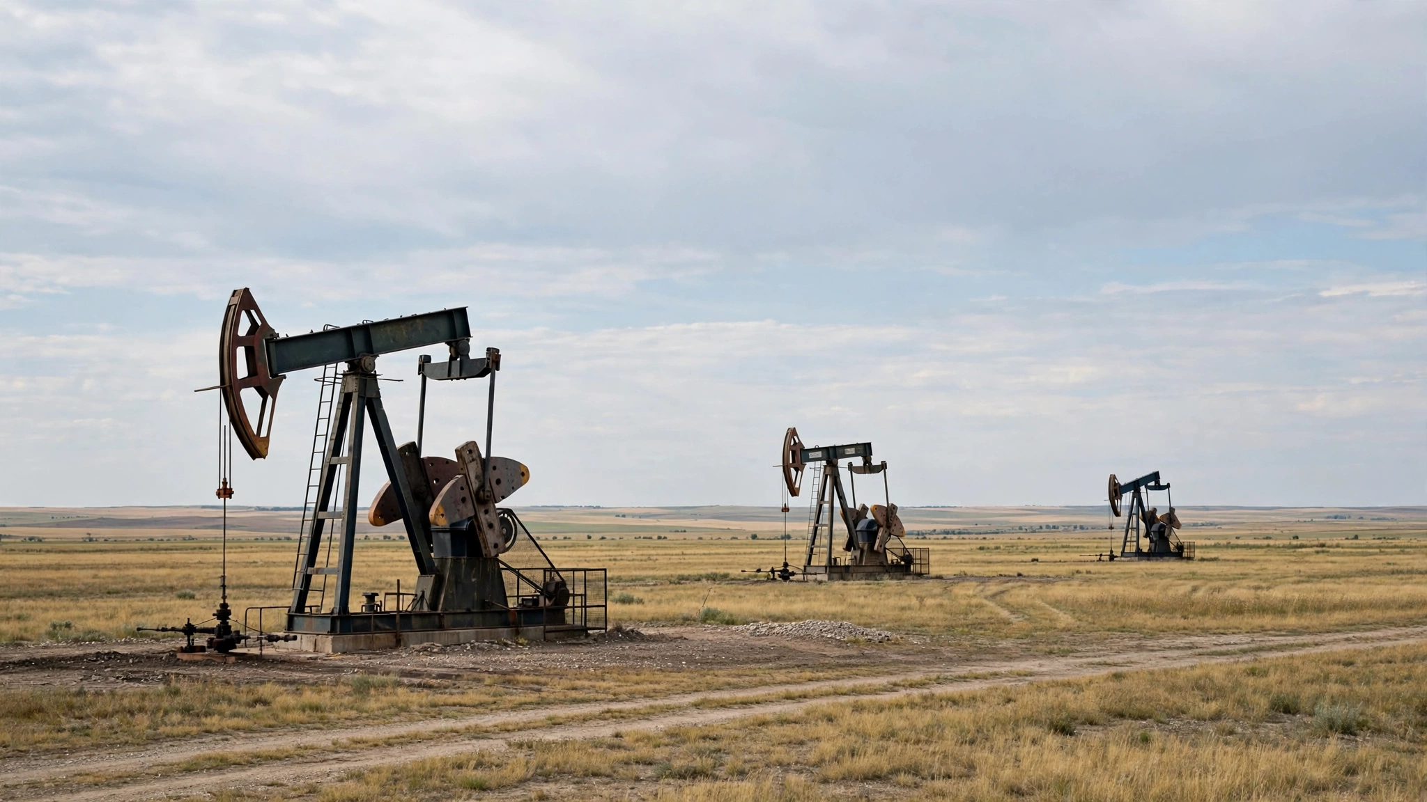 Three oil pumpjacks working in a flat, dry field under a cloudy sky.