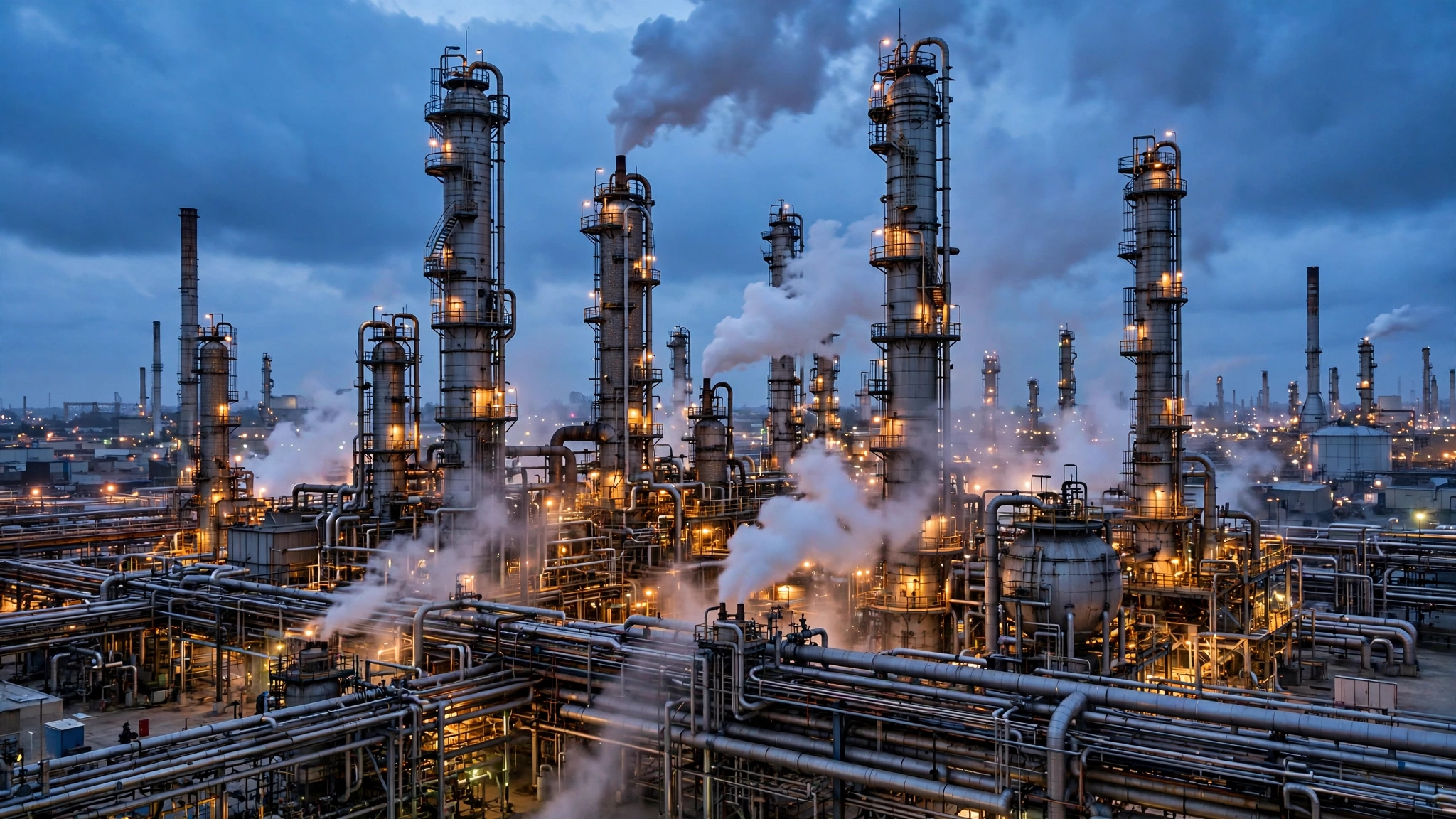 An oil refinery with tall distillation towers and pipes at dusk, with steam rising.