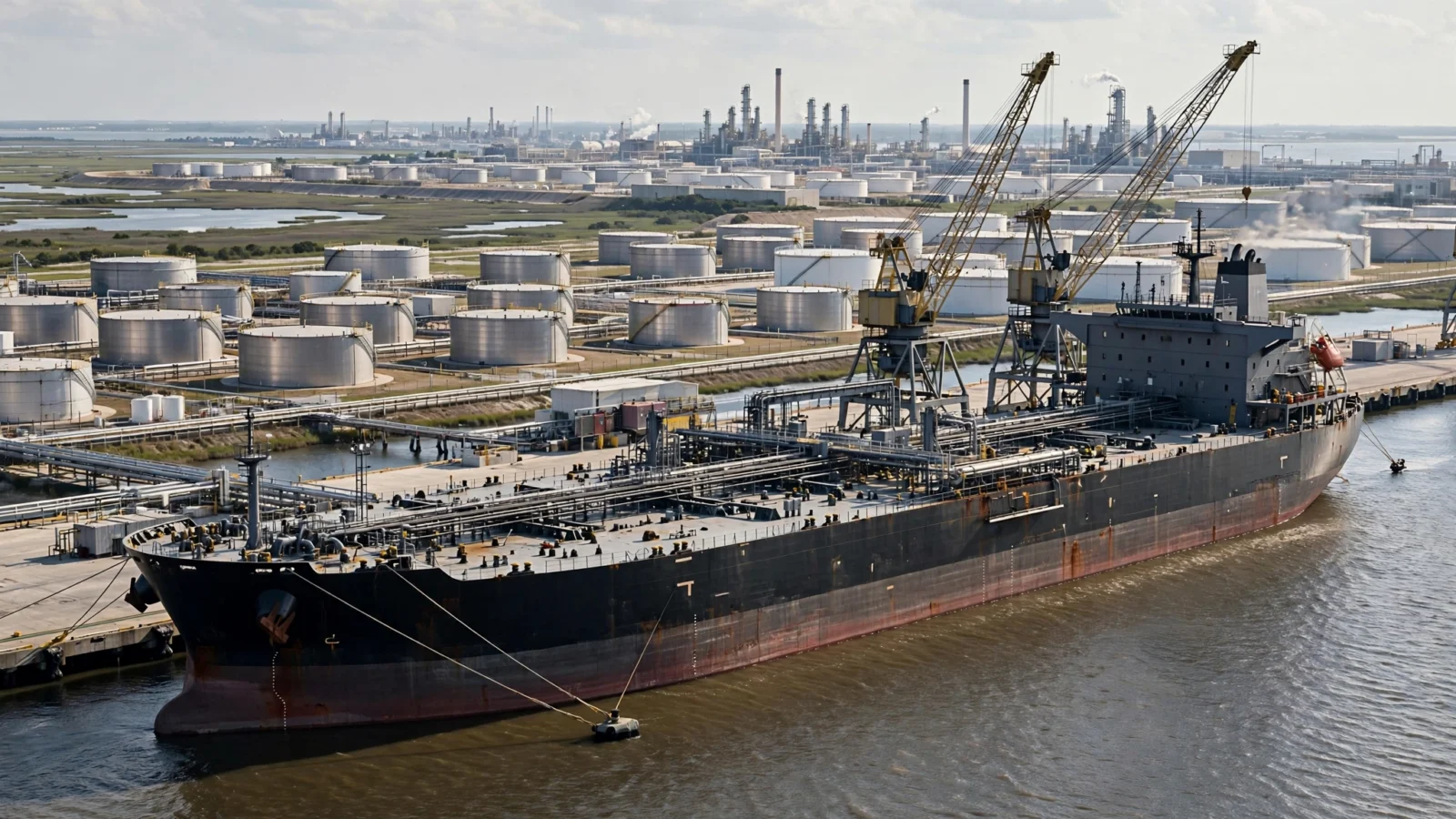 A large black crude oil tanker docked at a port, with storage tanks and cranes behind it.