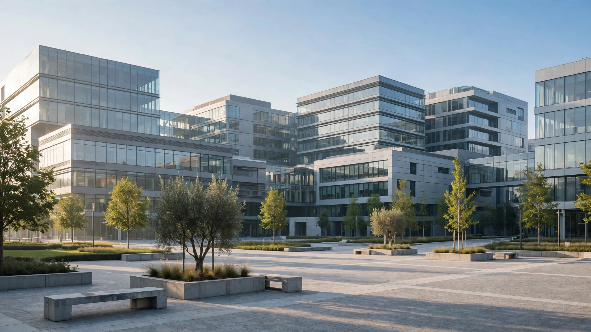 Modern glass office buildings around an empty paved plaza with young trees