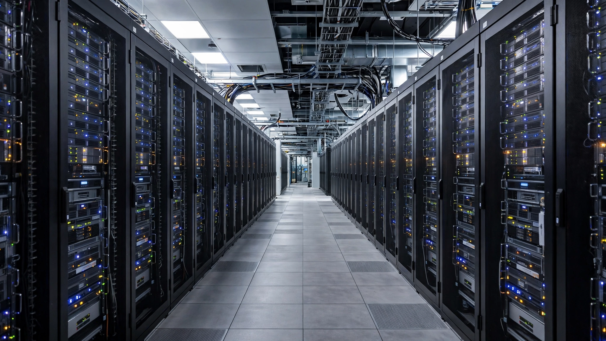 A long aisle between rows of server racks with blinking lights in a data center