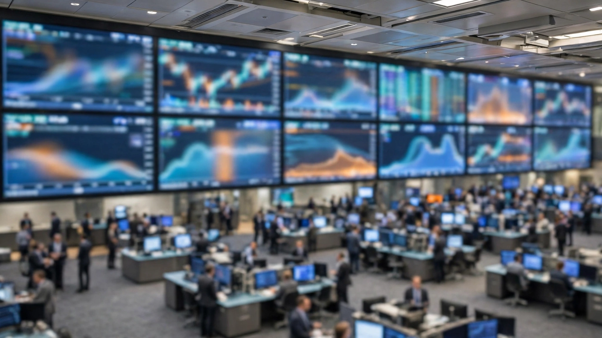 A trading floor with large blurred display screens showing charts above rows of desks