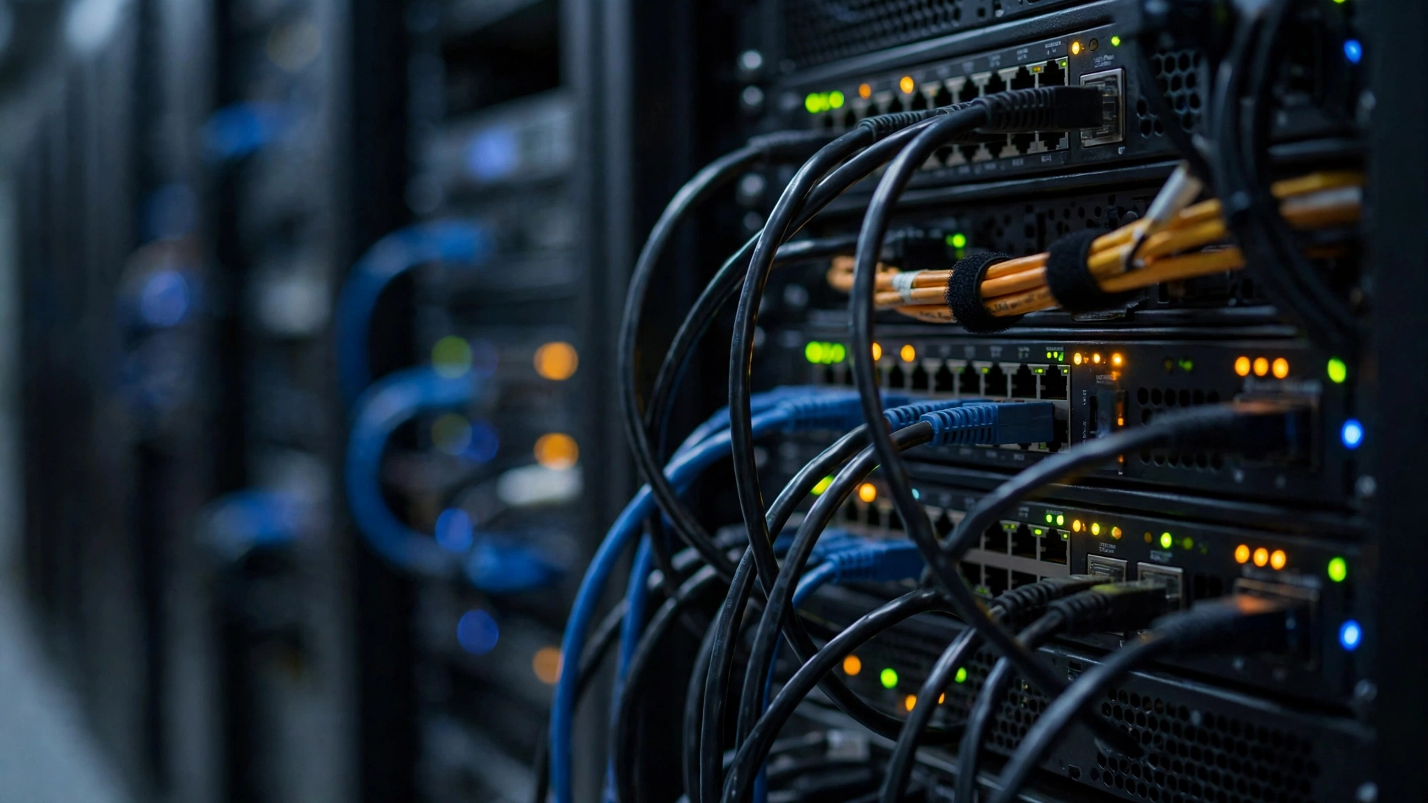 Network cables plugged into server equipment with blinking indicator lights