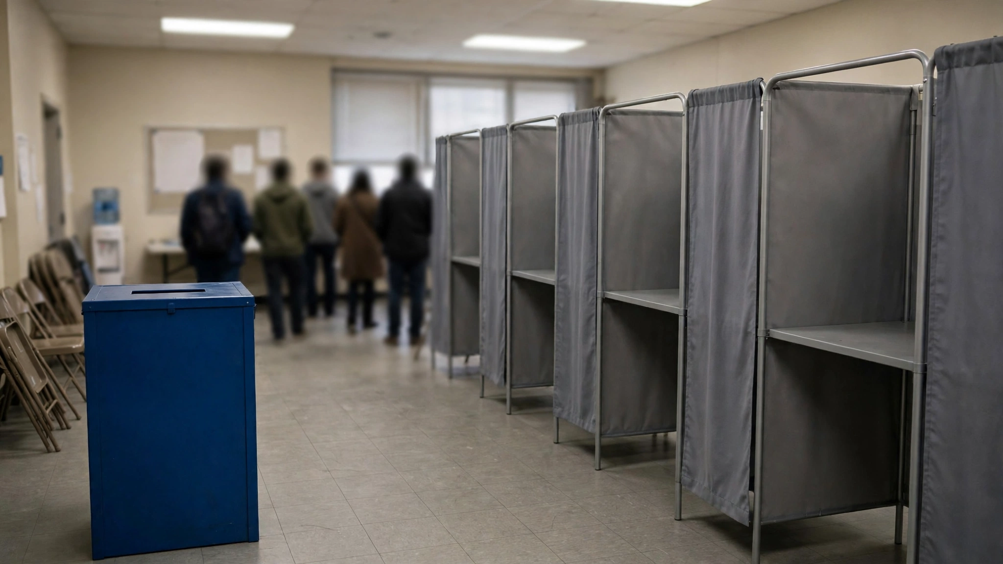 A blue ballot box and a row of gray voting booths in a polling place, with blurred voters standing in the background.