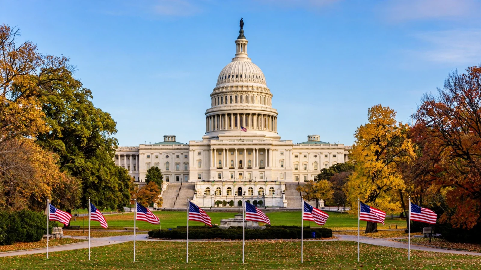 The United States Capitol building in Washington, with American flags on the lawn and autumn trees on either side.
