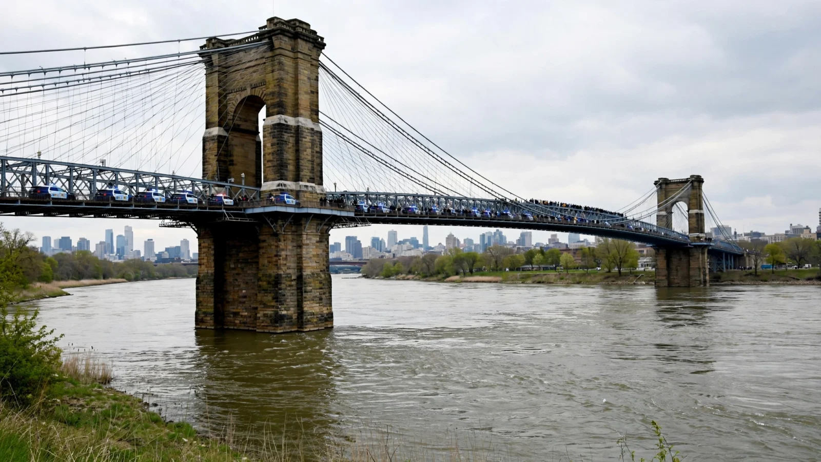 A suspension bridge with stone towers crossing a wide river, with police vehicles on the roadway