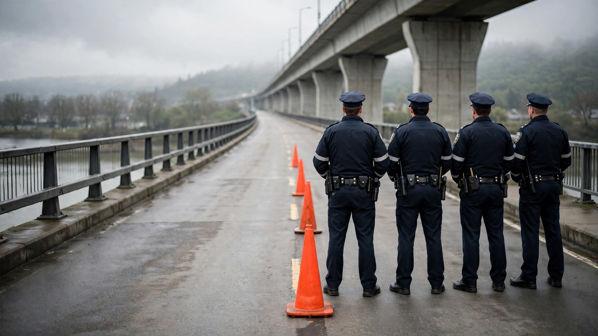 Four uniformed police officers standing on a bridge roadway beside orange traffic cones, seen from behind
