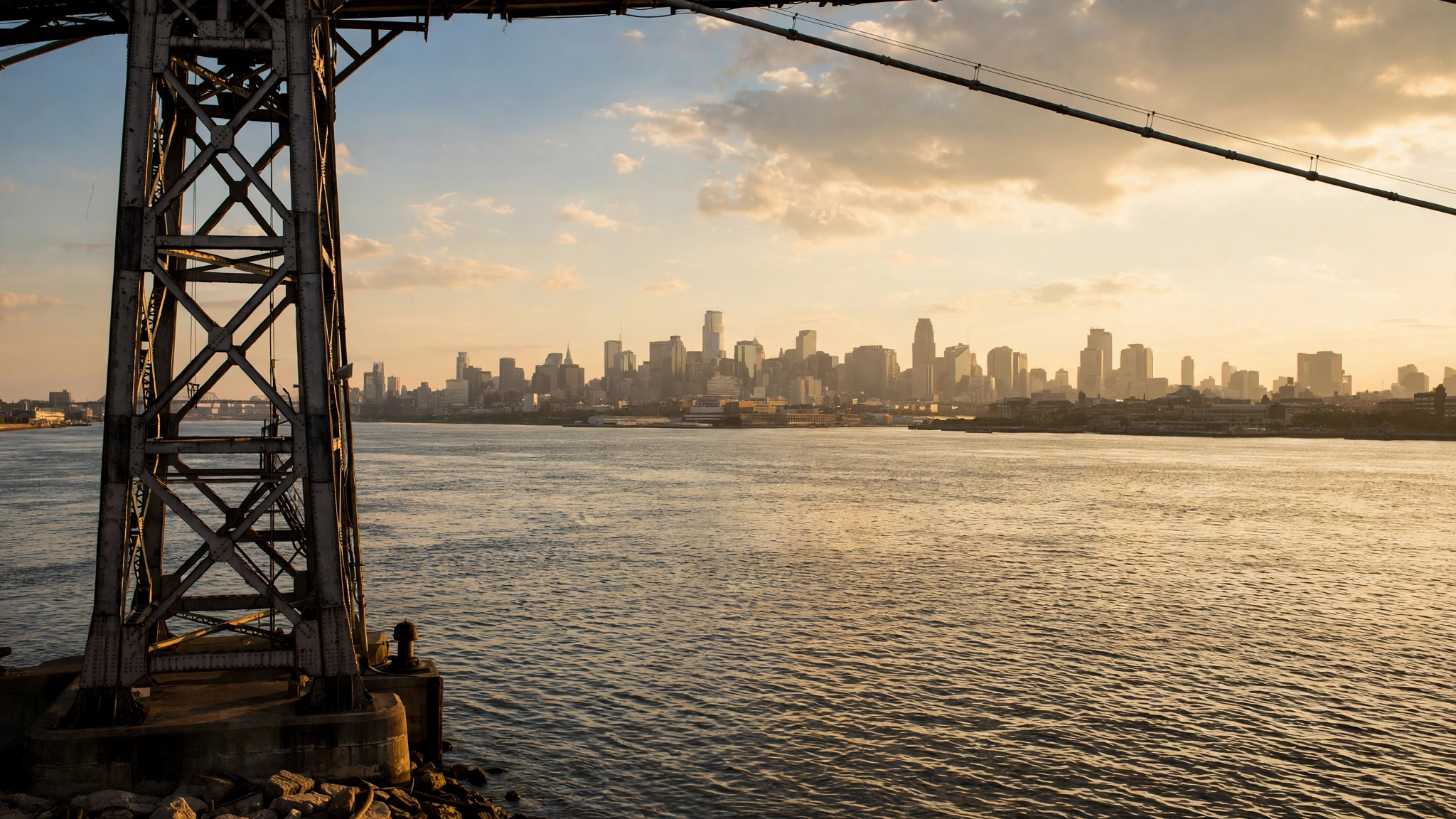 A city skyline across a river at sunset, seen past a steel bridge tower