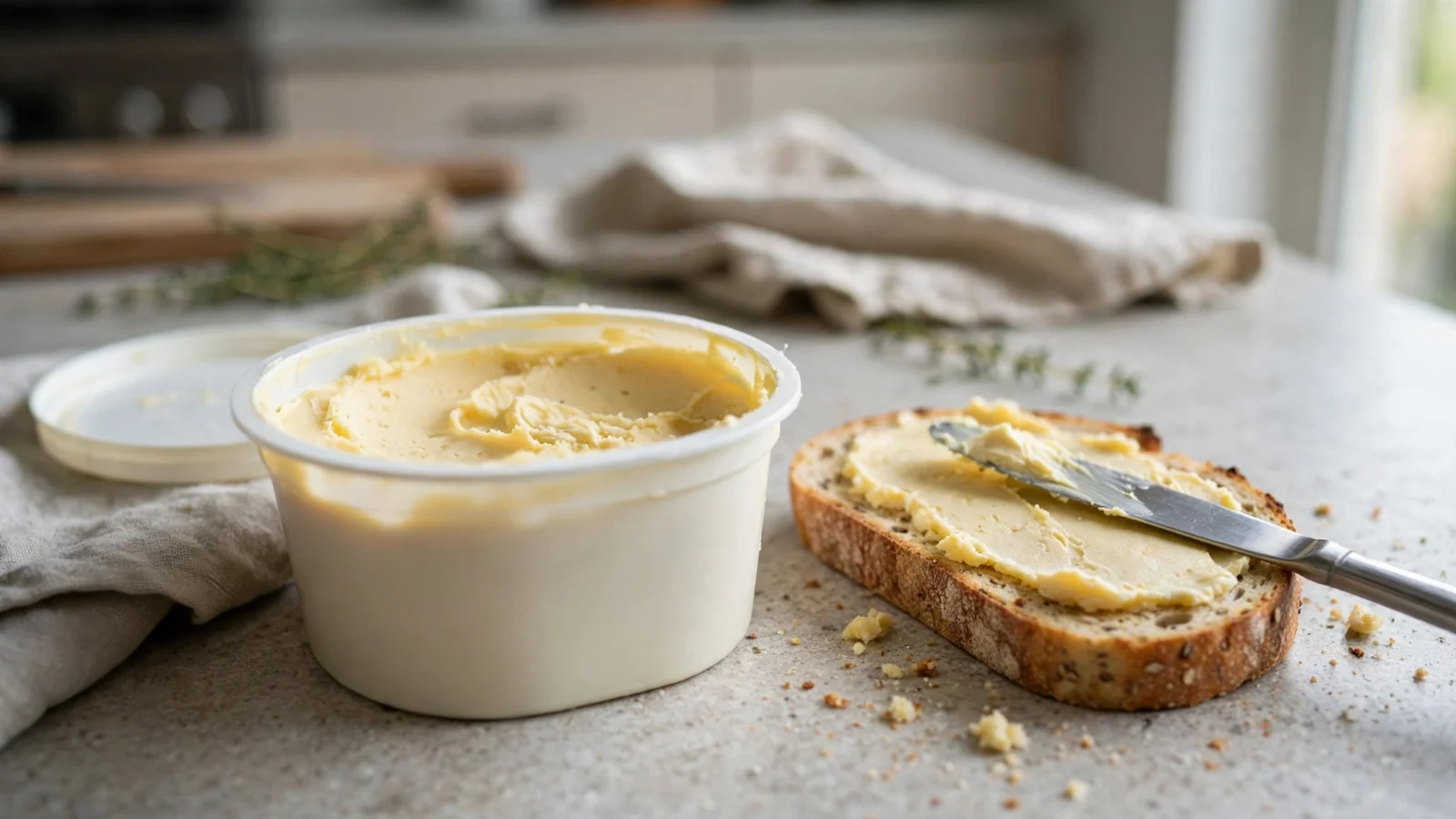 An open tub of pale yellow plant-based butter spread beside a slice of bread with a knife on a kitchen counter