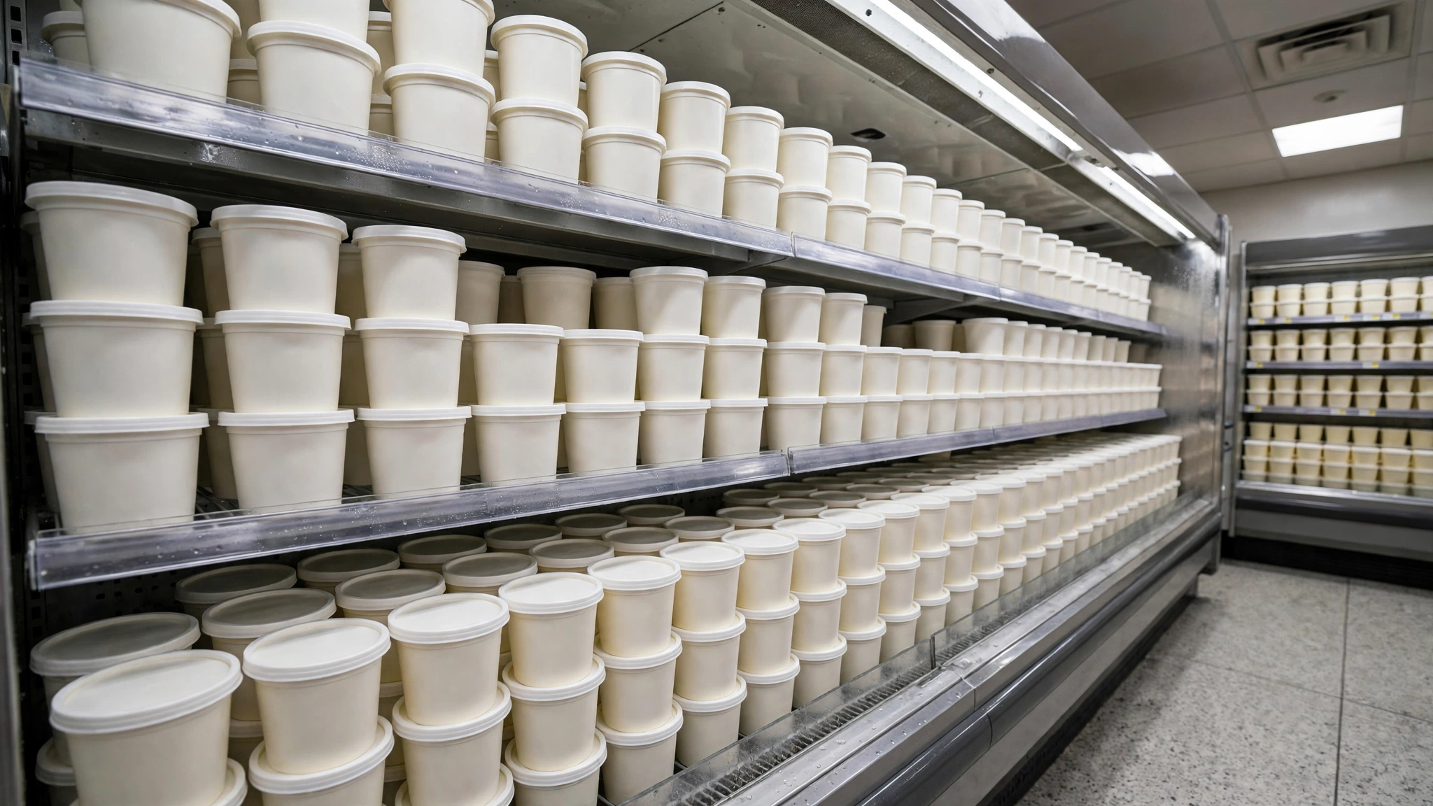 Rows of plain white tubs stacked on refrigerated shelves in a grocery store