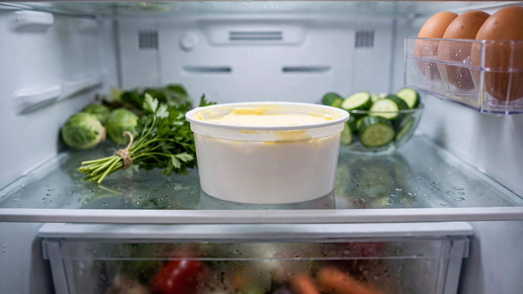An open tub of butter spread on a refrigerator shelf beside herbs, cucumbers and eggs