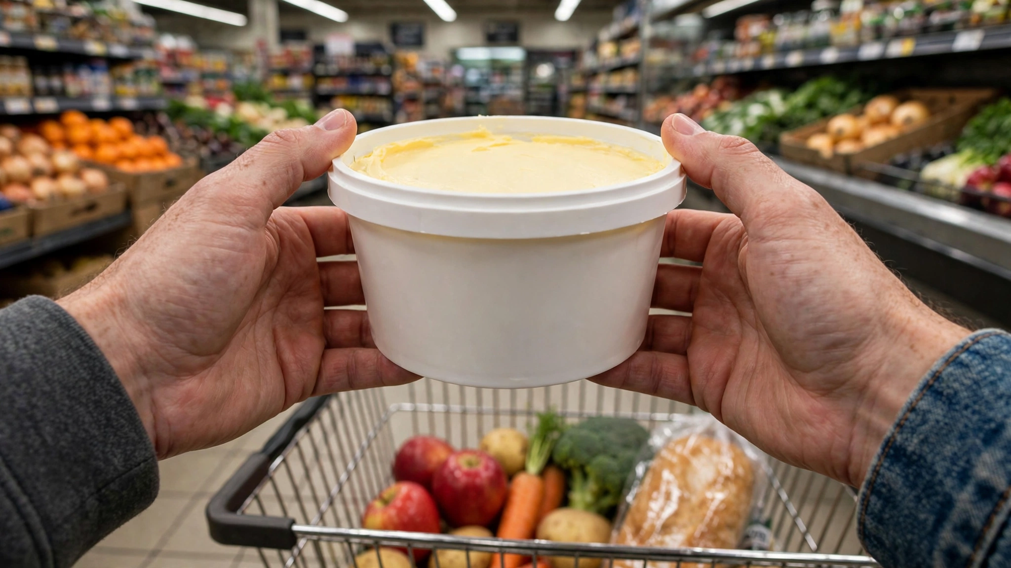Two hands holding an open tub of butter spread above a shopping cart in a grocery store