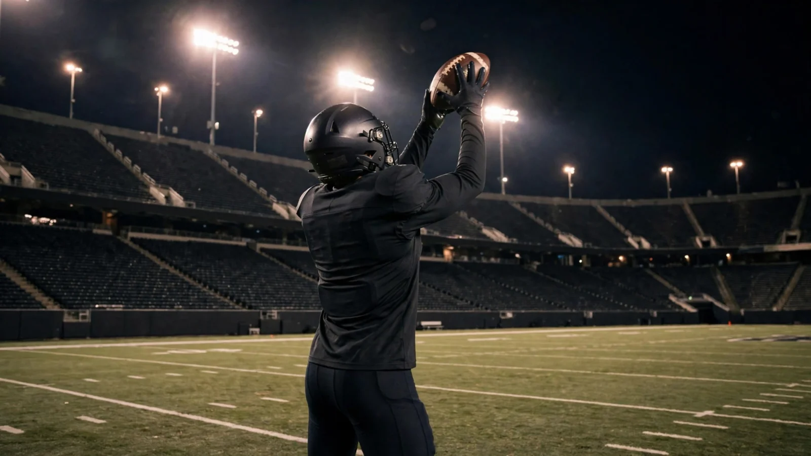 A football player in a plain black uniform and helmet catching a football on a lit stadium field at night, seen from behind