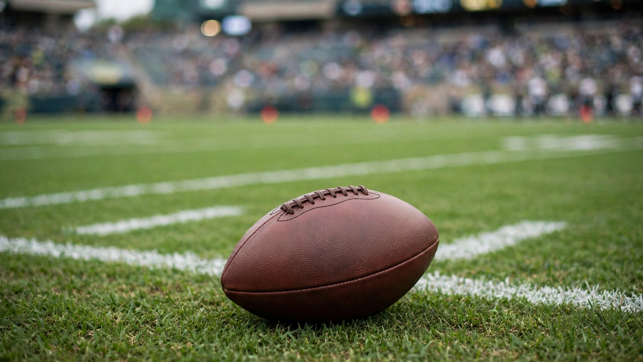 A football resting on grass on a football field with yard lines and a blurred crowd behind it