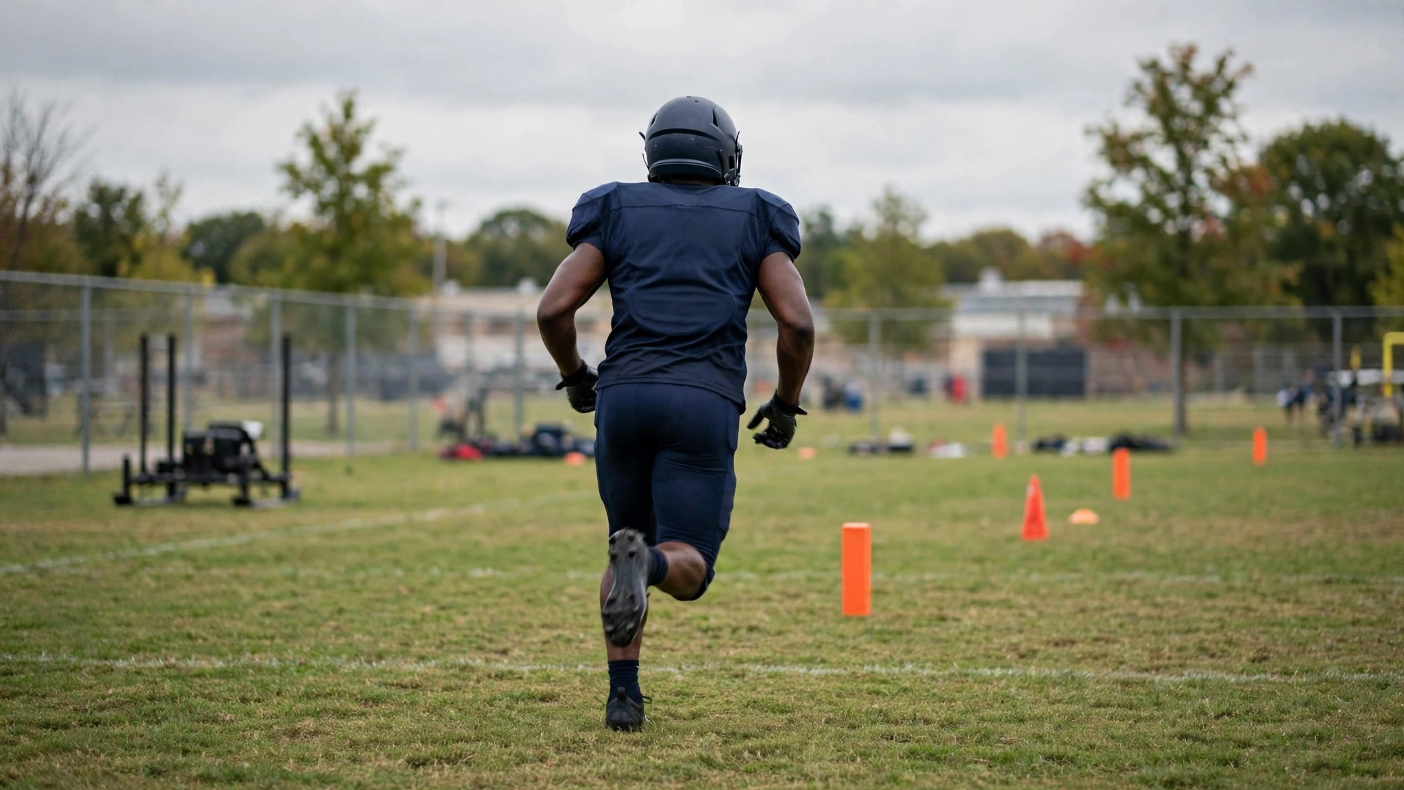 A football player in a plain dark uniform running on a practice field, seen from behind