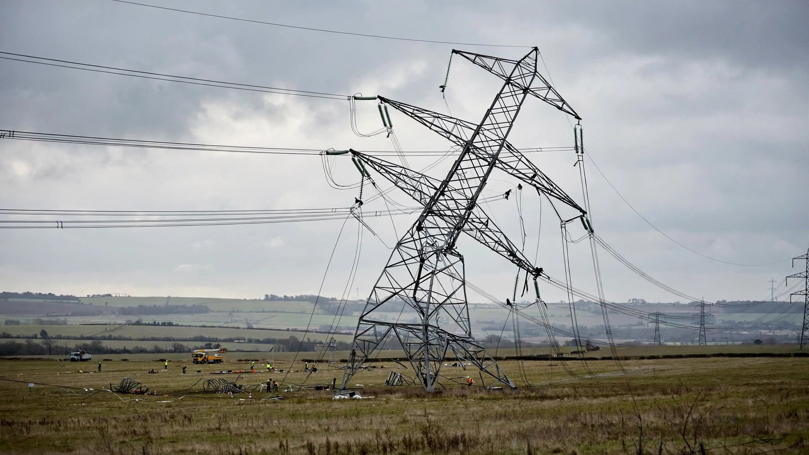 A leaning, damaged steel electricity pylon in an open field, with repair crews and vehicles working nearby
