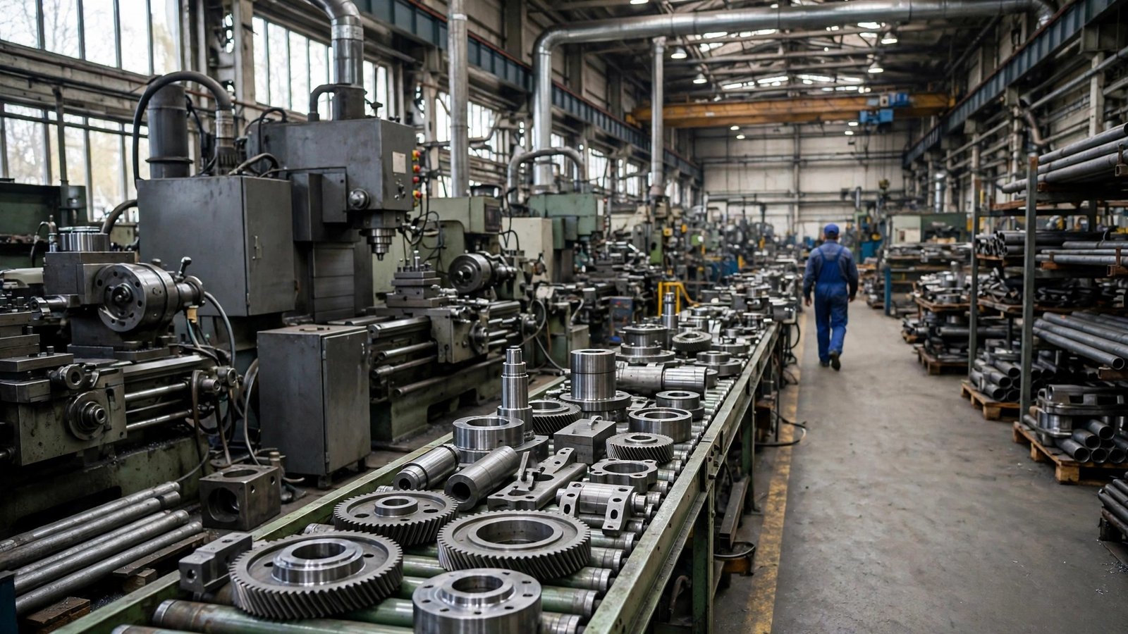 Metal gears and machine parts on a production line inside a large industrial factory, with a worker walking away in the background