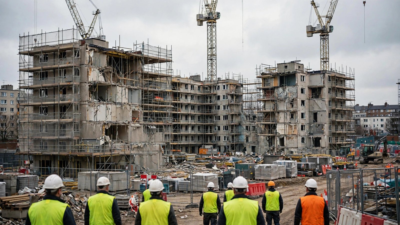 Construction workers in hard hats and safety vests walking toward damaged apartment buildings covered in scaffolding, with tower cranes overhead
