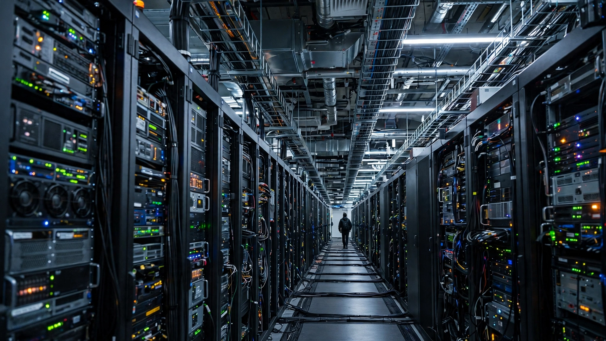 A corridor between rows of server racks in a data center, with a worker walking in the distance