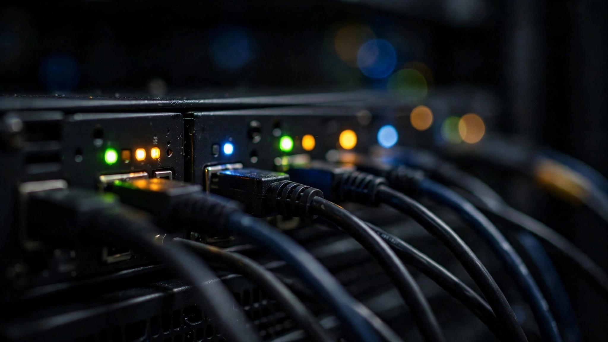 Close-up of server equipment with glowing indicator lights and cables