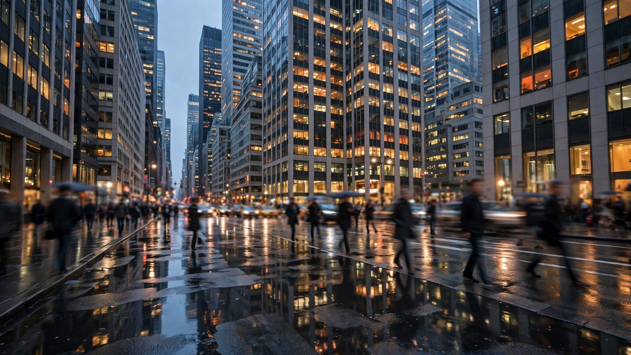Blurred pedestrians crossing a wet street between tall office buildings in the evening