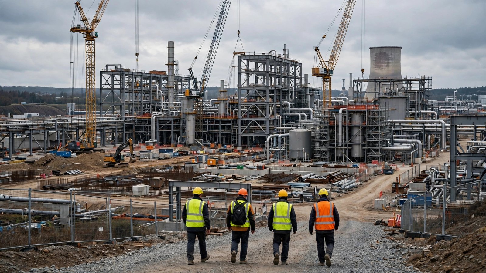 Four construction workers in hard hats and safety vests walking toward steel structures and cranes at an industrial energy plant under construction