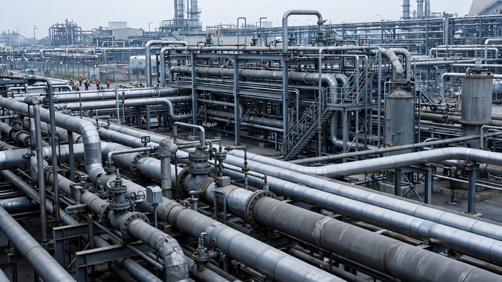 A network of large steel pipelines and pipework at an industrial energy facility, with workers in safety vests in the distance
