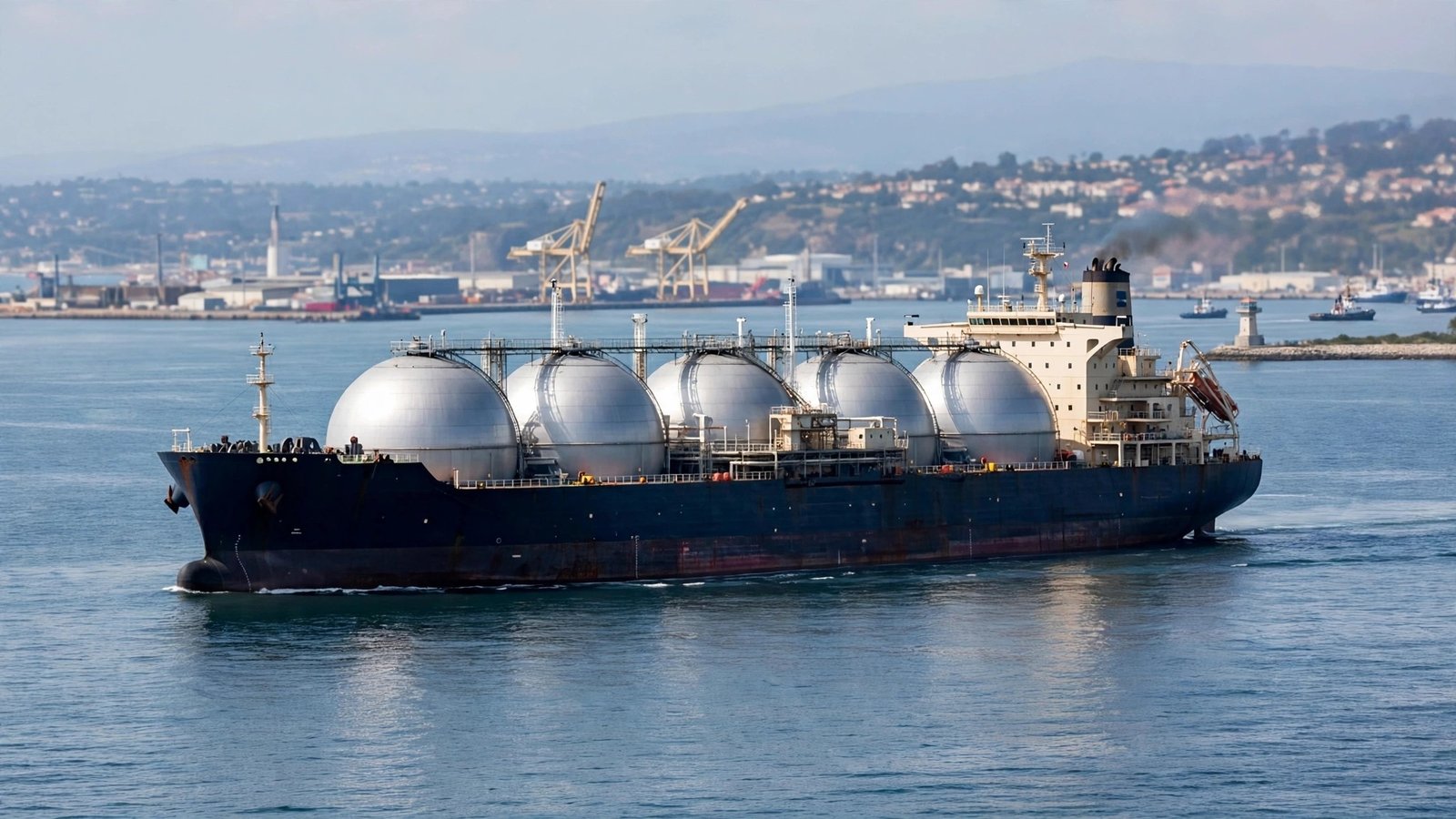 A large liquefied natural gas carrier ship with five round silver storage tanks sailing on open water near a port