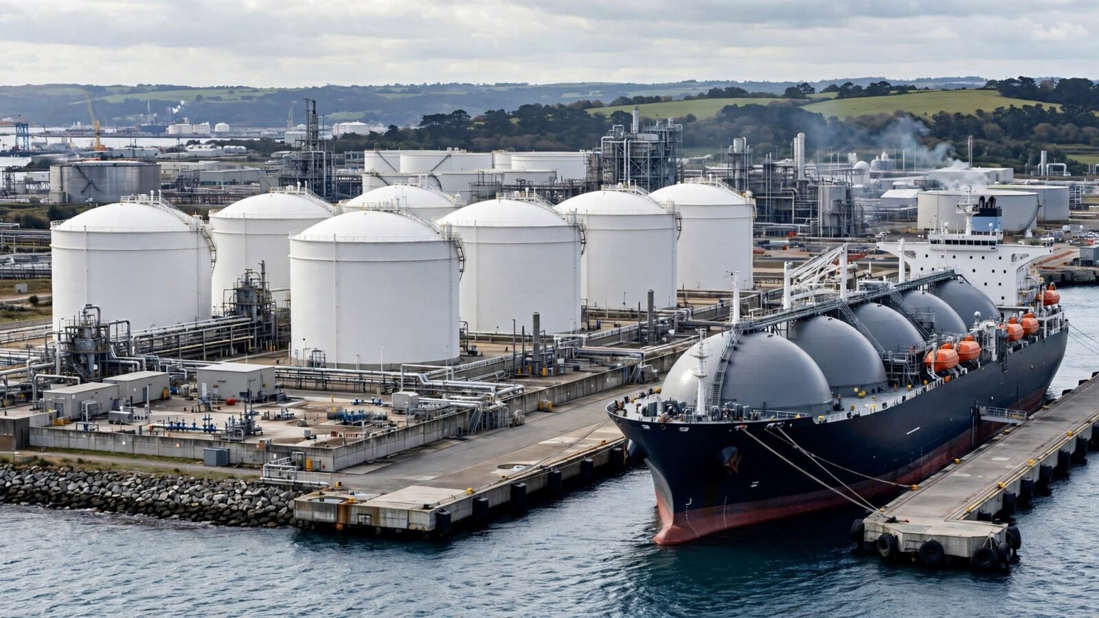 A gas carrier ship with round storage tanks docked beside large white storage tanks at a liquefied natural gas terminal