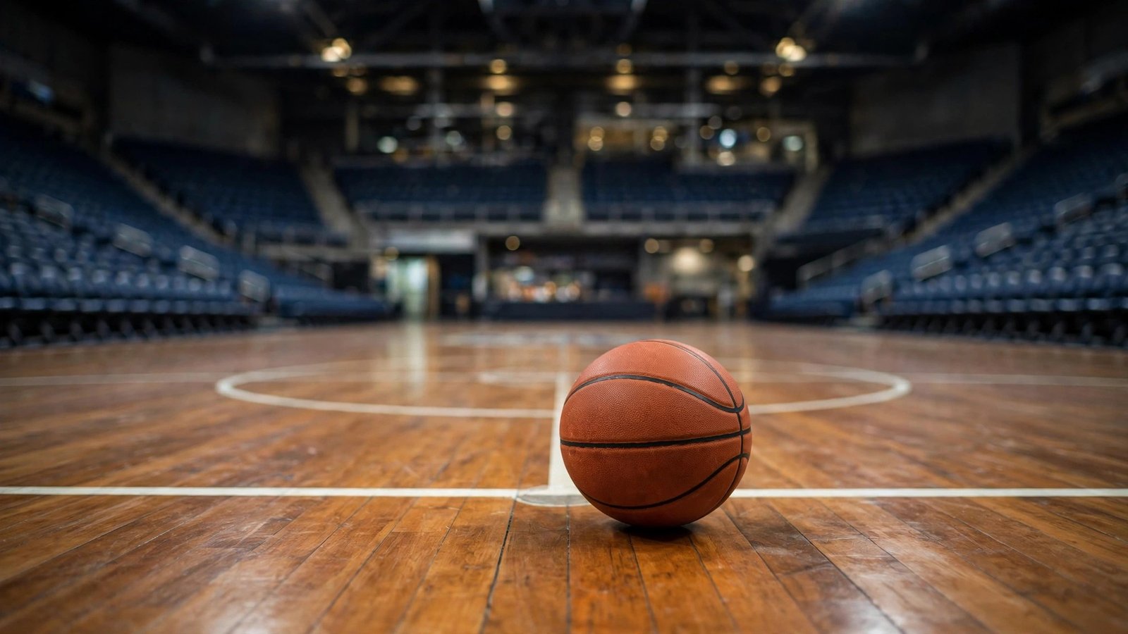 A basketball resting on a polished wooden court with empty arena seats out of focus behind it