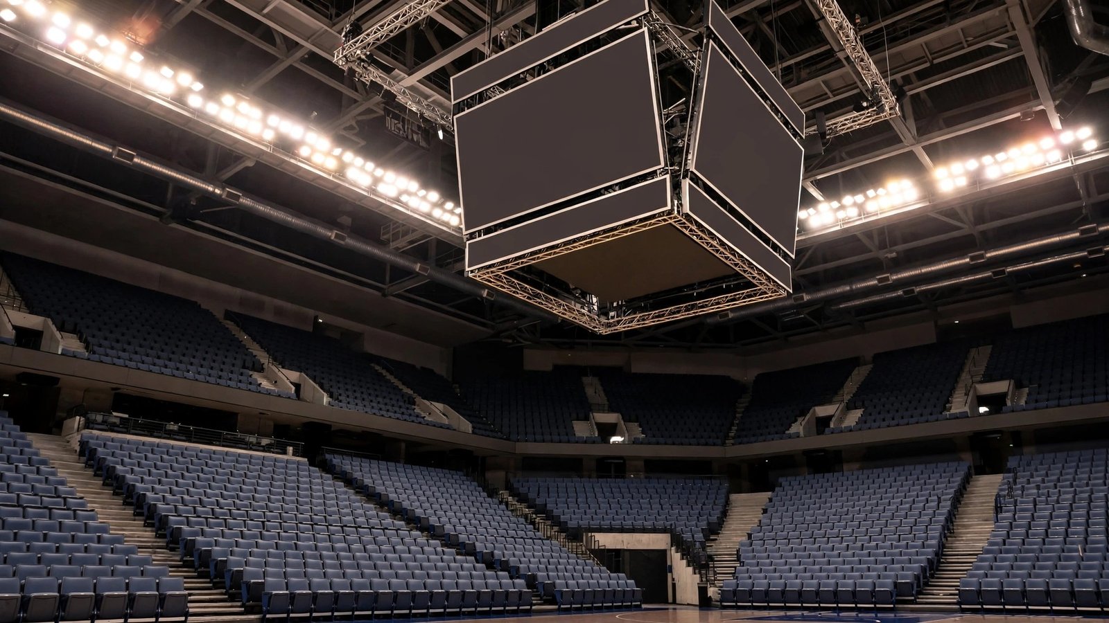 A large blank arena scoreboard hanging above empty blue seats under bright lights