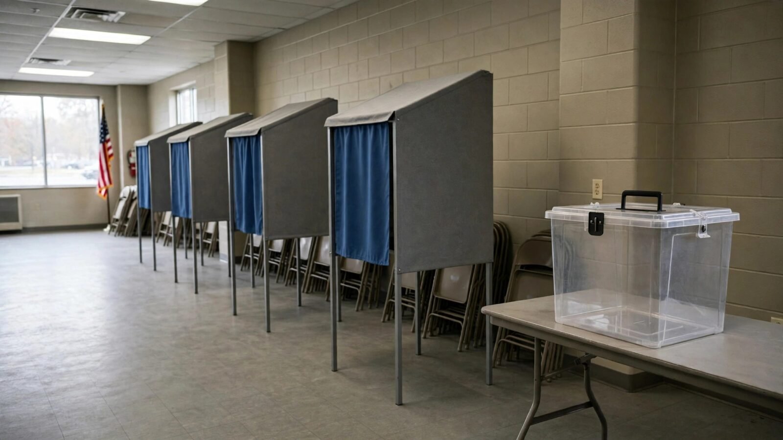 An empty polling place with a row of voting booths with blue curtains and a clear ballot box on a table