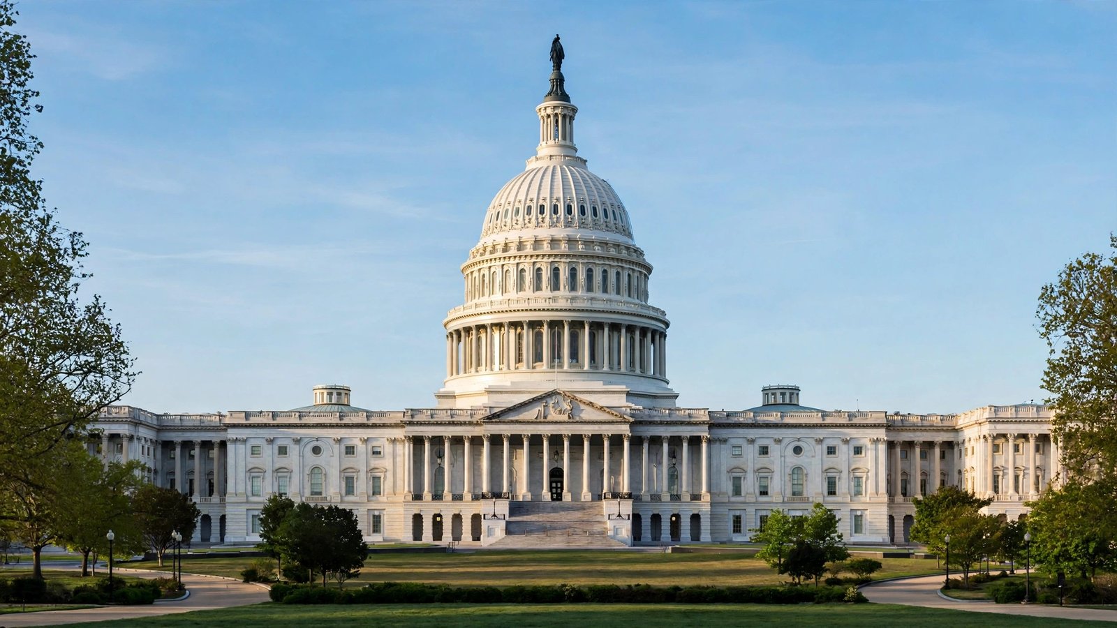 The United States Capitol building with its white dome under a clear sky, seen from across a lawn